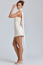 Draped Halterneck Satin Mini Dress in Ivory  Gemma Chic