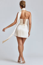 Draped Halterneck Satin Mini Dress in Ivory  Gemma Chic