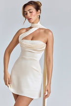 Draped Halterneck Satin Mini Dress in Ivory  Gemma Chic
