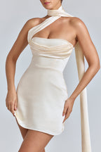 Draped Halterneck Satin Mini Dress in Ivory  Gemma Chic