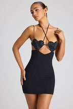 Embellished Heart Cup Detail Mini Dress in Black  Gemma Chic