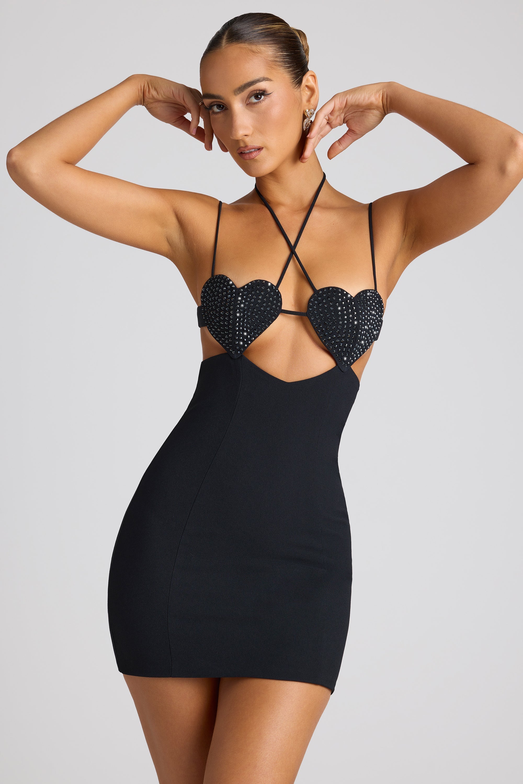 Embellished Heart Cup Detail Mini Dress in Black  Gemma Chic