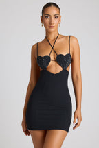 Embellished Heart Cup Detail Mini Dress in Black  Gemma Chic