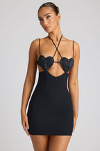 Embellished Heart Cup Detail Mini Dress in Black  Gemma Chic
