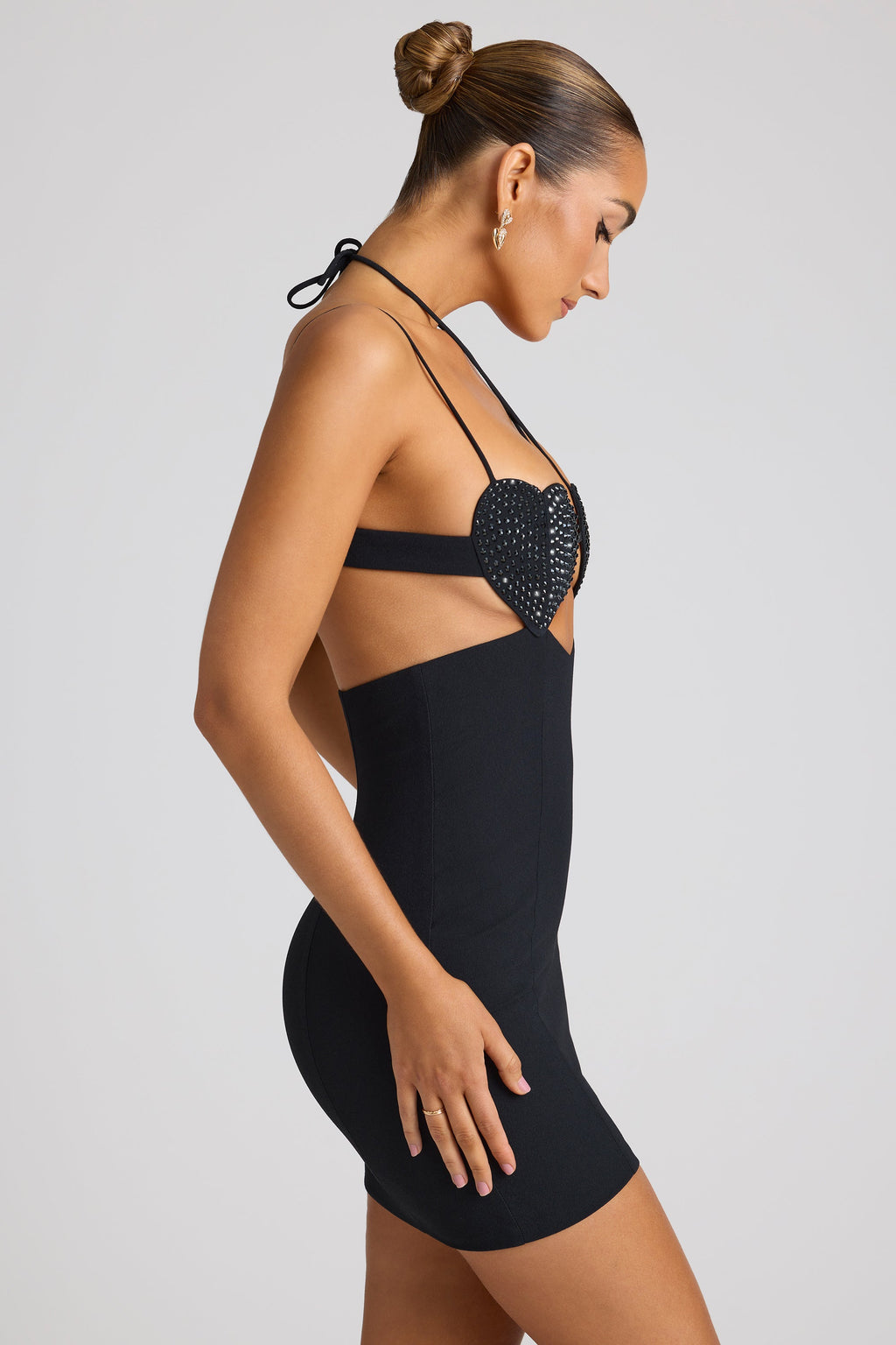 Embellished Heart Cup Detail Mini Dress in Black  Gemma Chic
