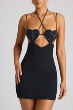 Embellished Heart Cup Detail Mini Dress in Black  Gemma Chic