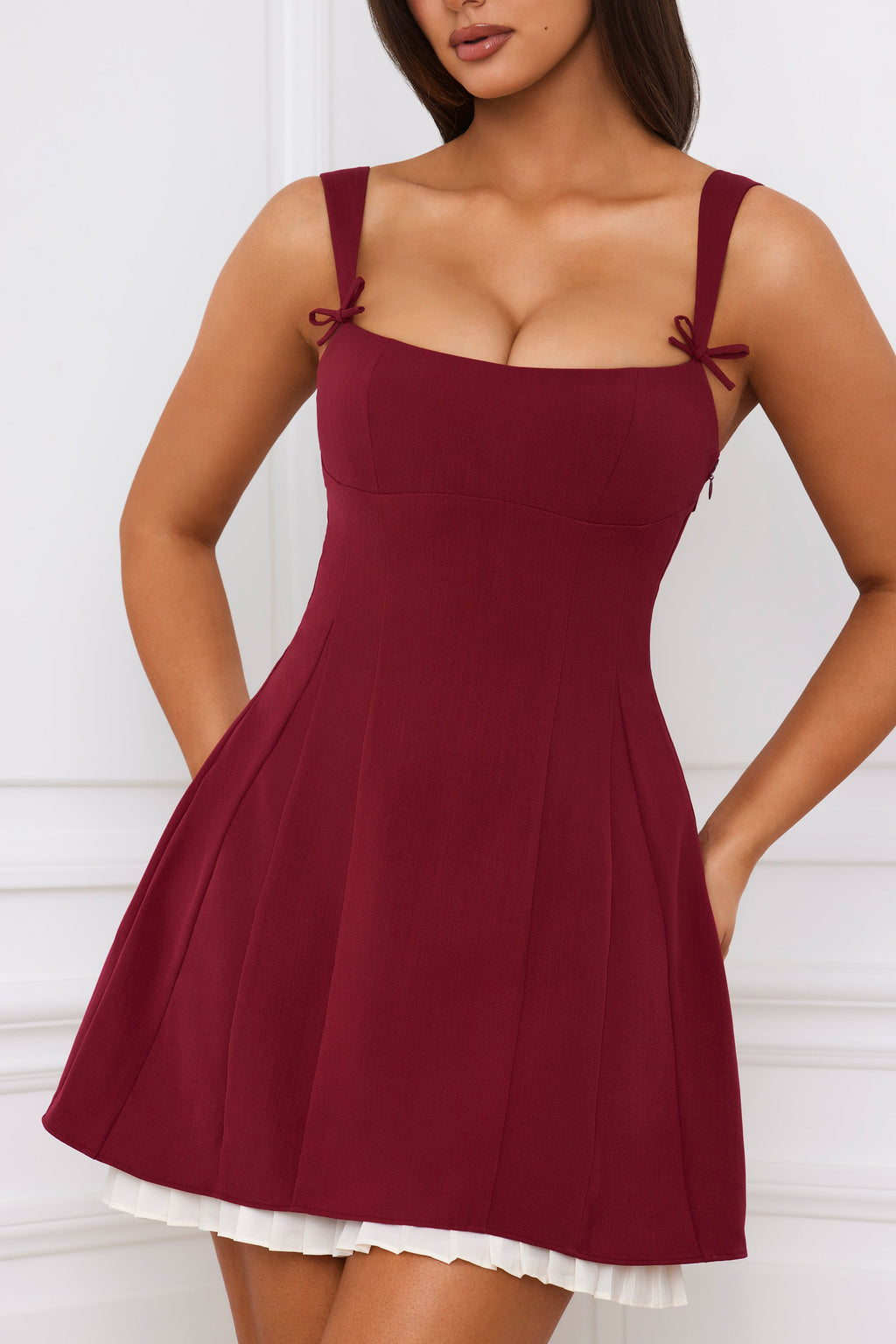 Bow-Detail Pleated A-Line Mini Dress in Berry Red  Gemma Chic