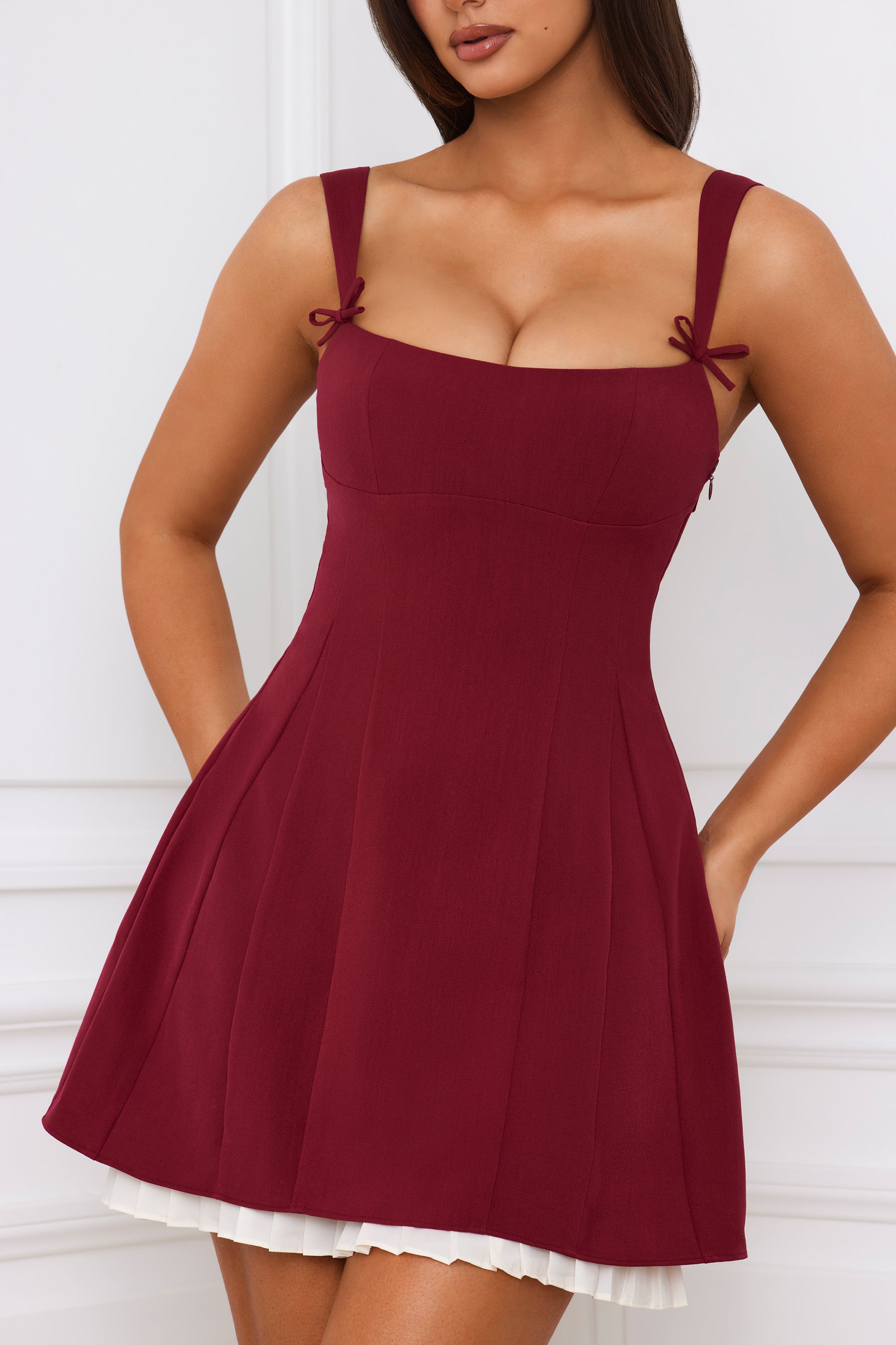 Bow-Detail Pleated A-Line Mini Dress in Berry Red  Gemma Chic