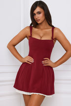 Bow-Detail Pleated A-Line Mini Dress in Berry Red  Gemma Chic