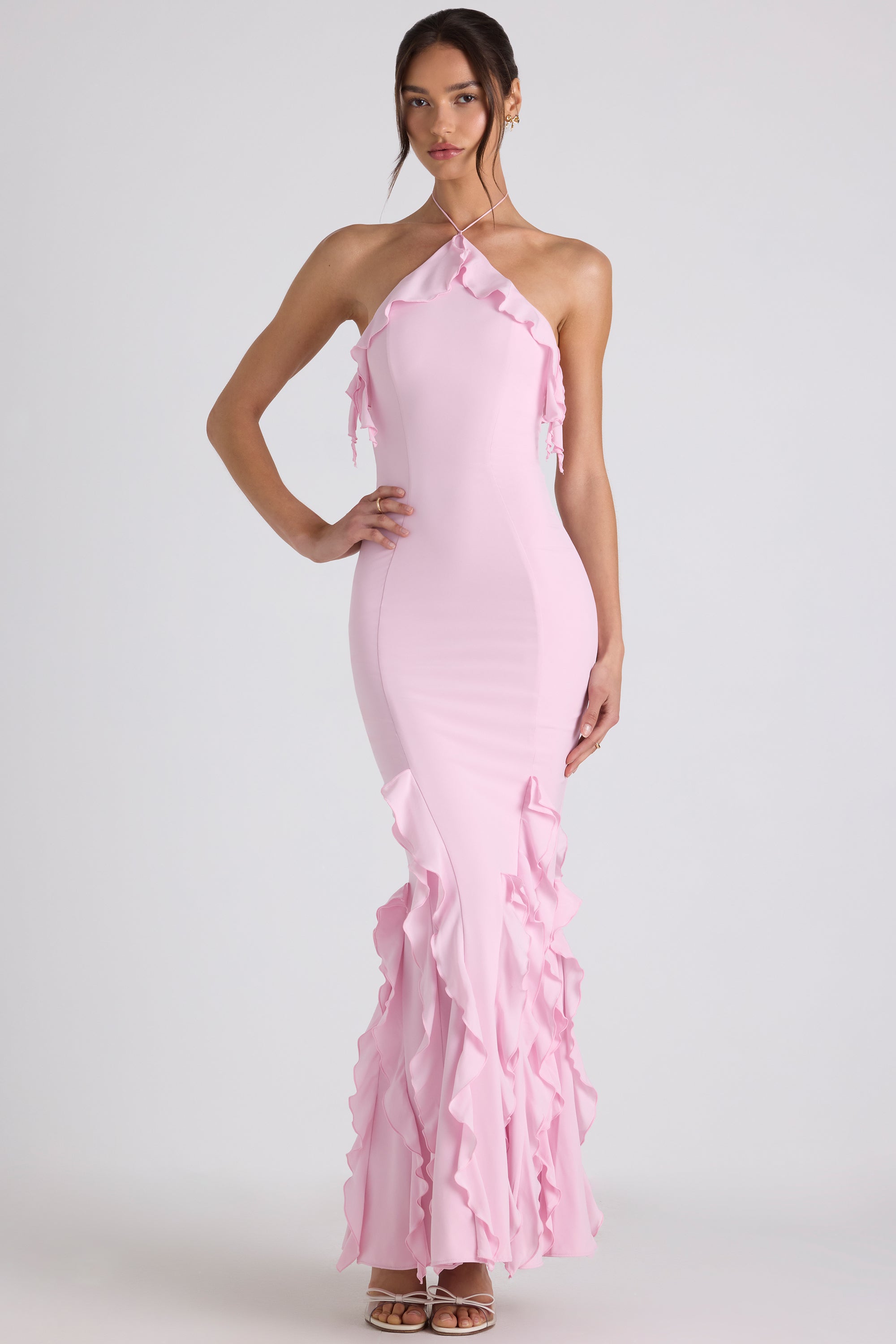 Ruffle-Trim Halterneck Gown in Soft Pink  Gemma Chic