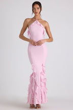 Ruffle-Trim Halterneck Gown in Soft Pink  Gemma Chic