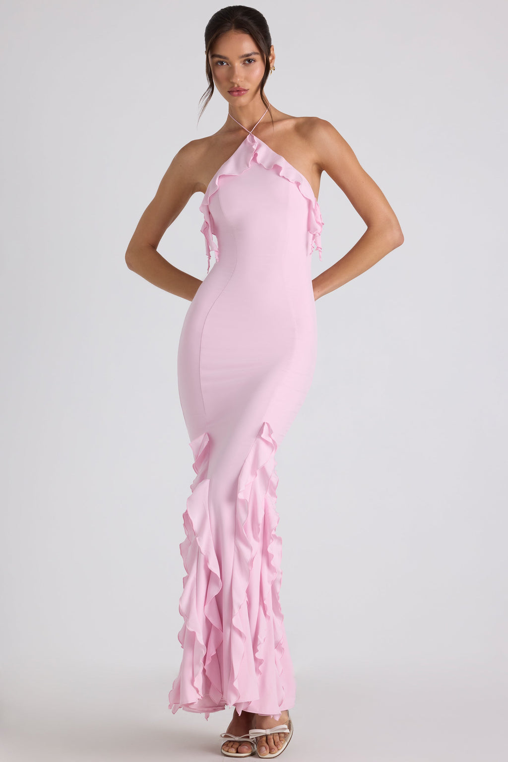 Ruffle-Trim Halterneck Gown in Soft Pink  Gemma Chic