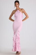 Ruffle-Trim Halterneck Gown in Soft Pink  Gemma Chic