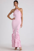 Ruffle-Trim Halterneck Gown in Soft Pink  Gemma Chic