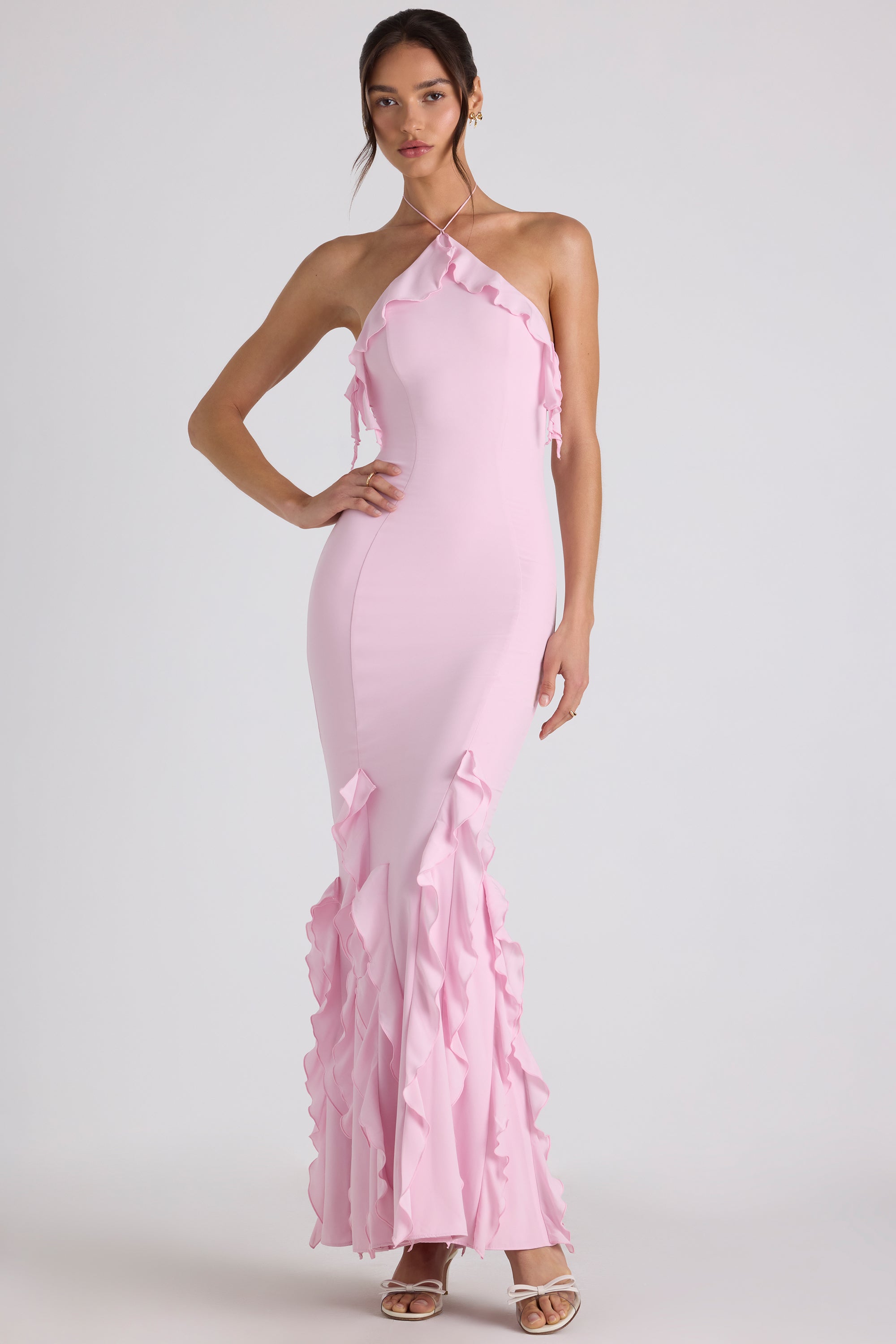Ruffle-Trim Halterneck Gown in Soft Pink  Gemma Chic