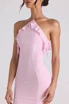 Ruffle-Trim Halterneck Gown in Soft Pink  Gemma Chic