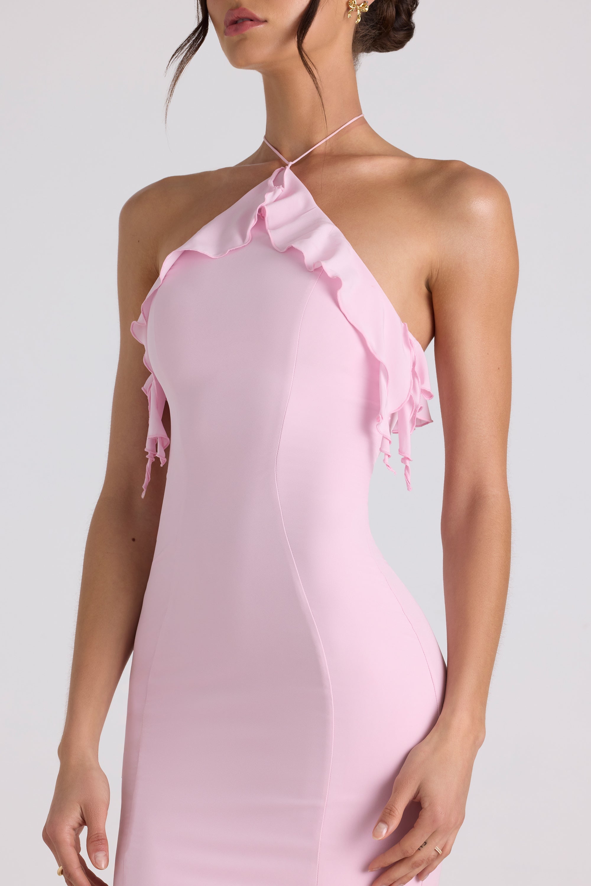 Ruffle-Trim Halterneck Gown in Soft Pink  Gemma Chic