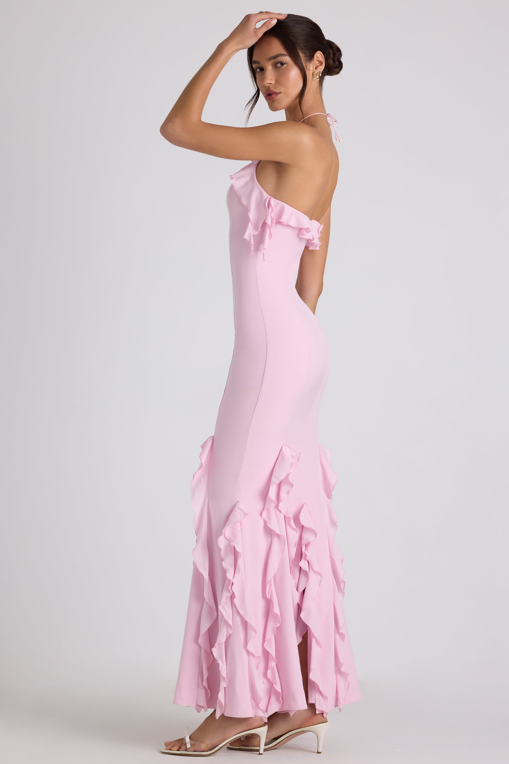 Ruffle-Trim Halterneck Gown in Soft Pink  Gemma Chic