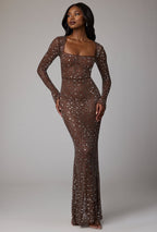 Sheer Embellished Long Sleeve Evening Gown in Deep Cocoa  Gemma Chic