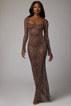 Sheer Embellished Long Sleeve Evening Gown in Deep Cocoa  Gemma Chic