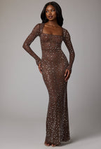 Sheer Embellished Long Sleeve Evening Gown in Deep Cocoa  Gemma Chic