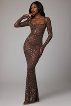 Sheer Embellished Long Sleeve Evening Gown in Deep Cocoa  Gemma Chic