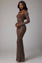 Sheer Embellished Long Sleeve Evening Gown in Deep Cocoa  Gemma Chic