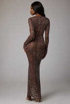 Sheer Embellished Long Sleeve Evening Gown in Deep Cocoa  Gemma Chic