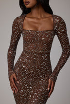 Sheer Embellished Long Sleeve Evening Gown in Deep Cocoa  Gemma Chic