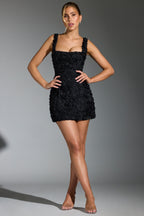 Floral-Appliqu¨¦ Corset Mini Dress in Black  Gemma Chic