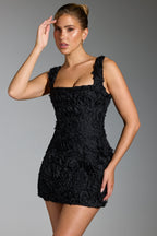 Floral-Appliqu¨¦ Corset Mini Dress in Black  Gemma Chic