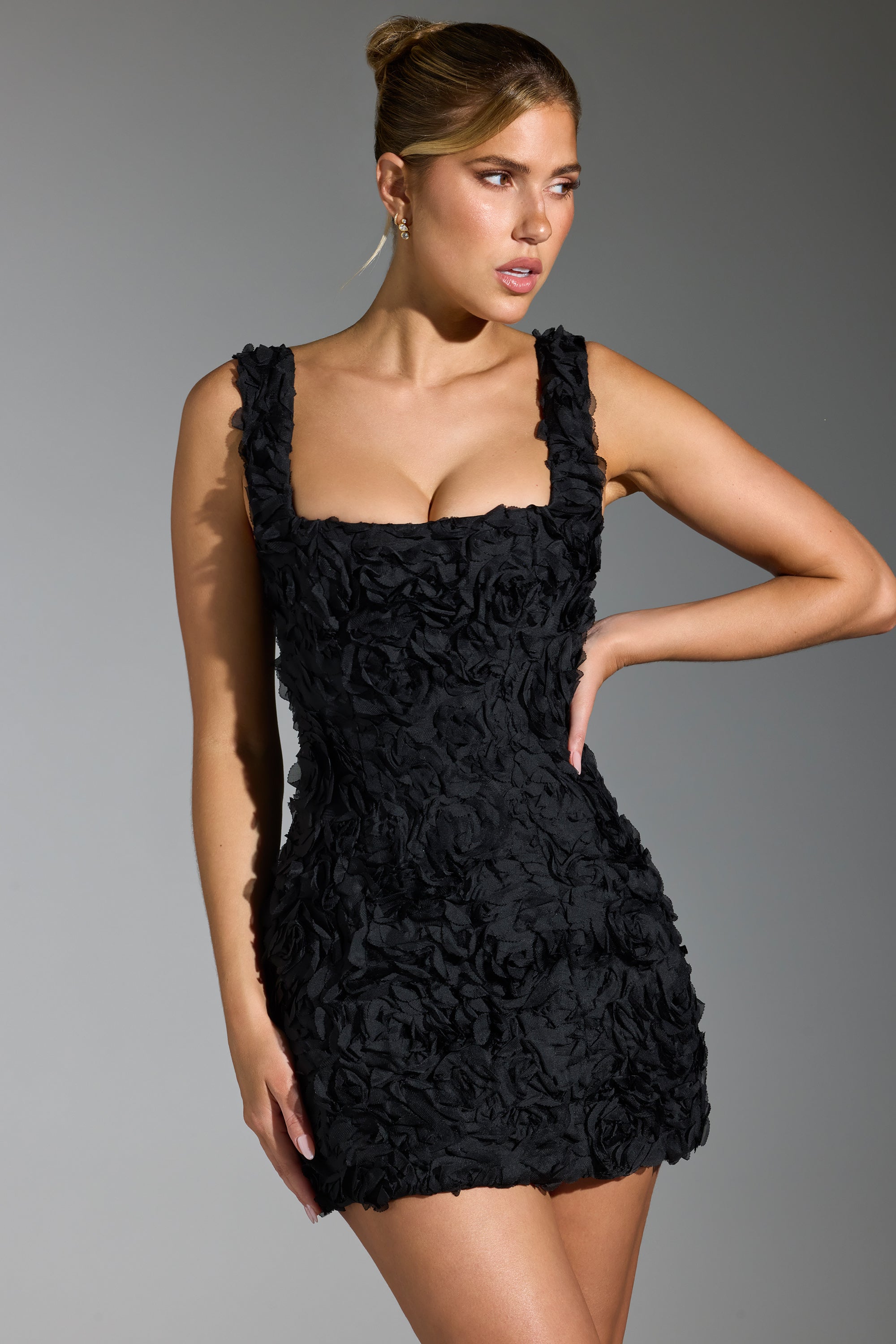 Floral-Appliqu¨¦ Corset Mini Dress in Black  Gemma Chic