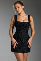 Floral-Appliqu¨¦ Corset Mini Dress in Black  Gemma Chic