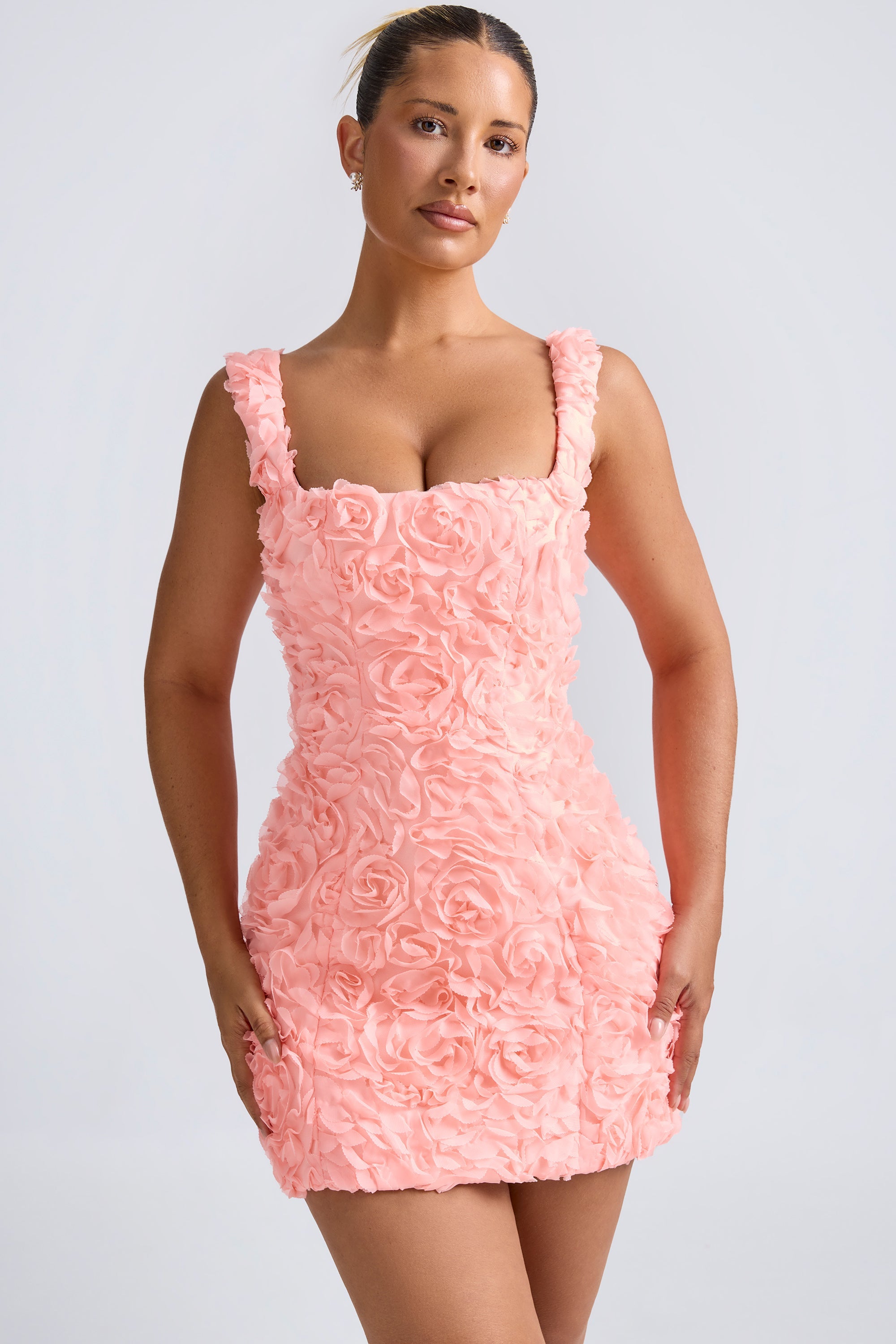 Floral-Appliqu¨¦ Corset Mini Dress in Coral  Gemma Chic