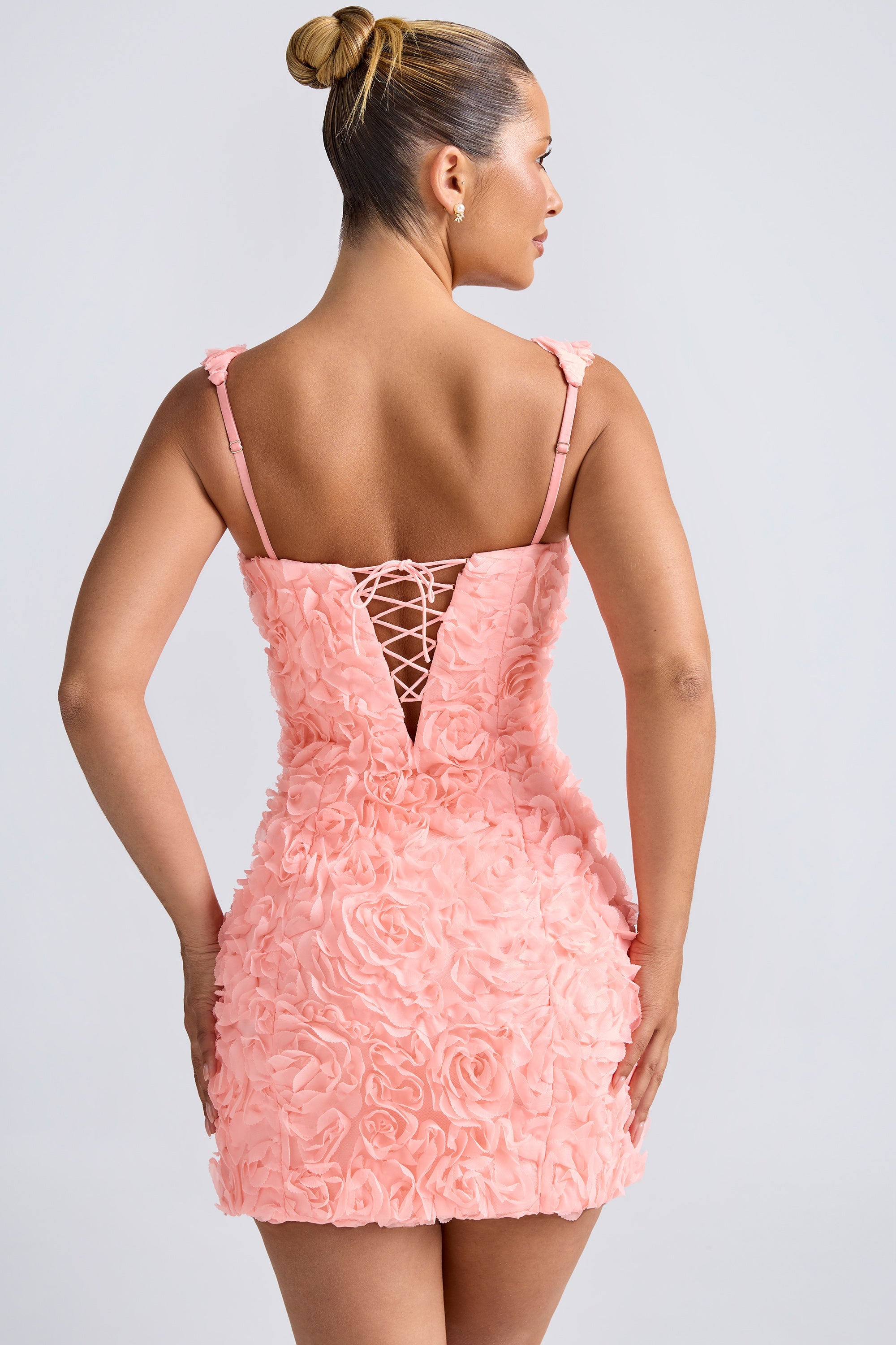 Floral-Appliqu¨¦ Corset Mini Dress in Coral  Gemma Chic