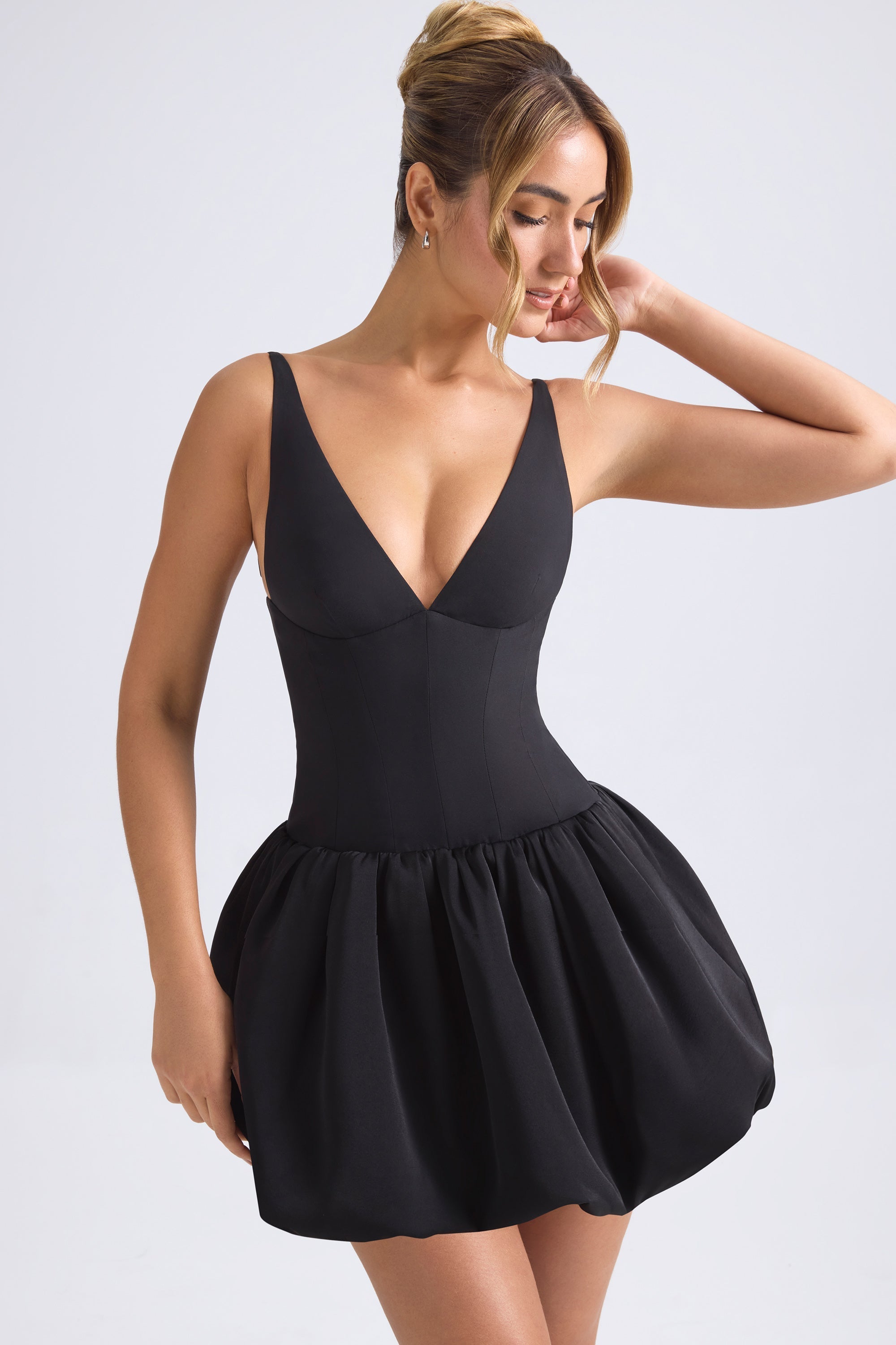 Lace-Up Bubble Hem Corset Micro Mini Dress in Black  Gemma Chic
