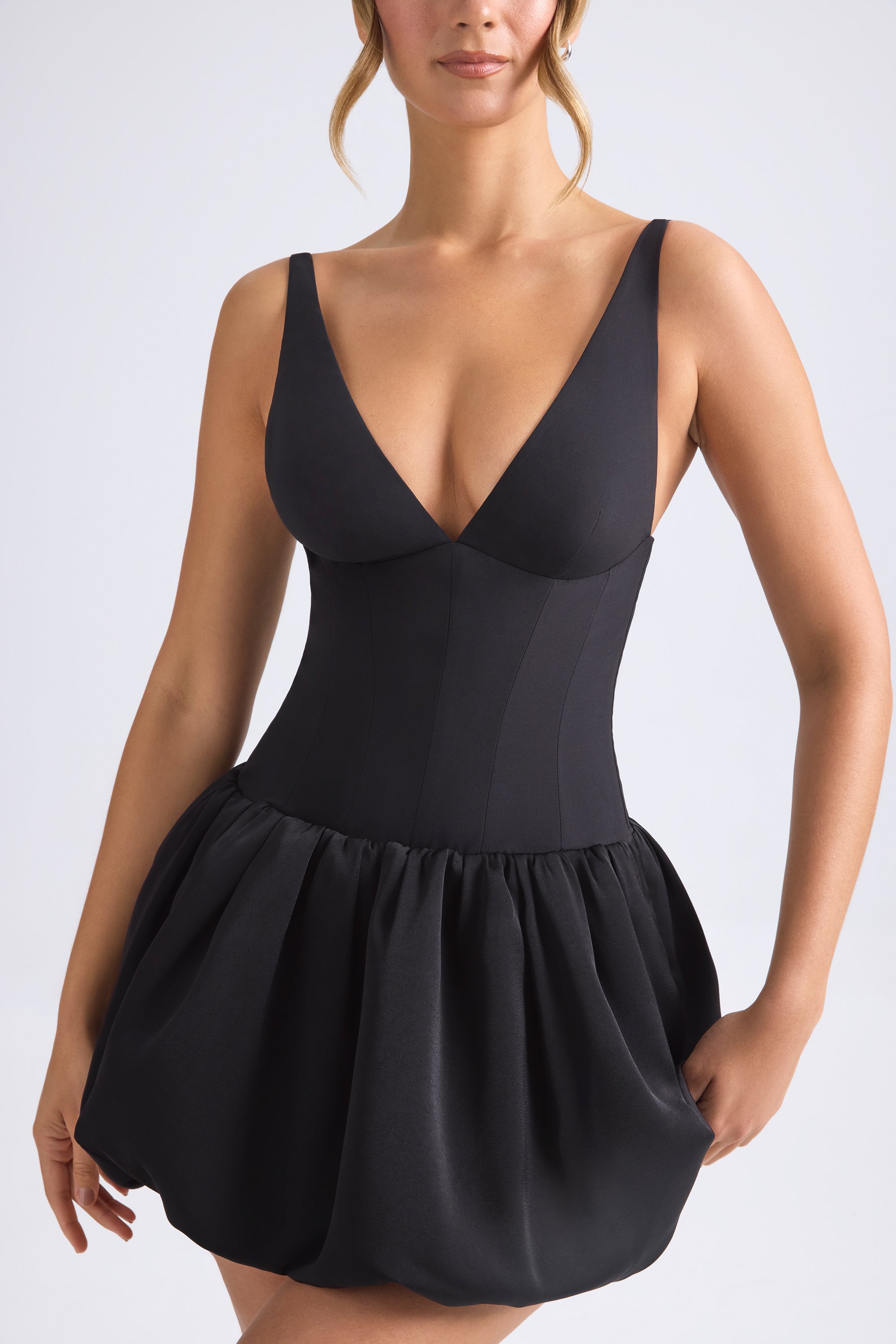 Lace-Up Bubble Hem Corset Micro Mini Dress in Black  Gemma Chic