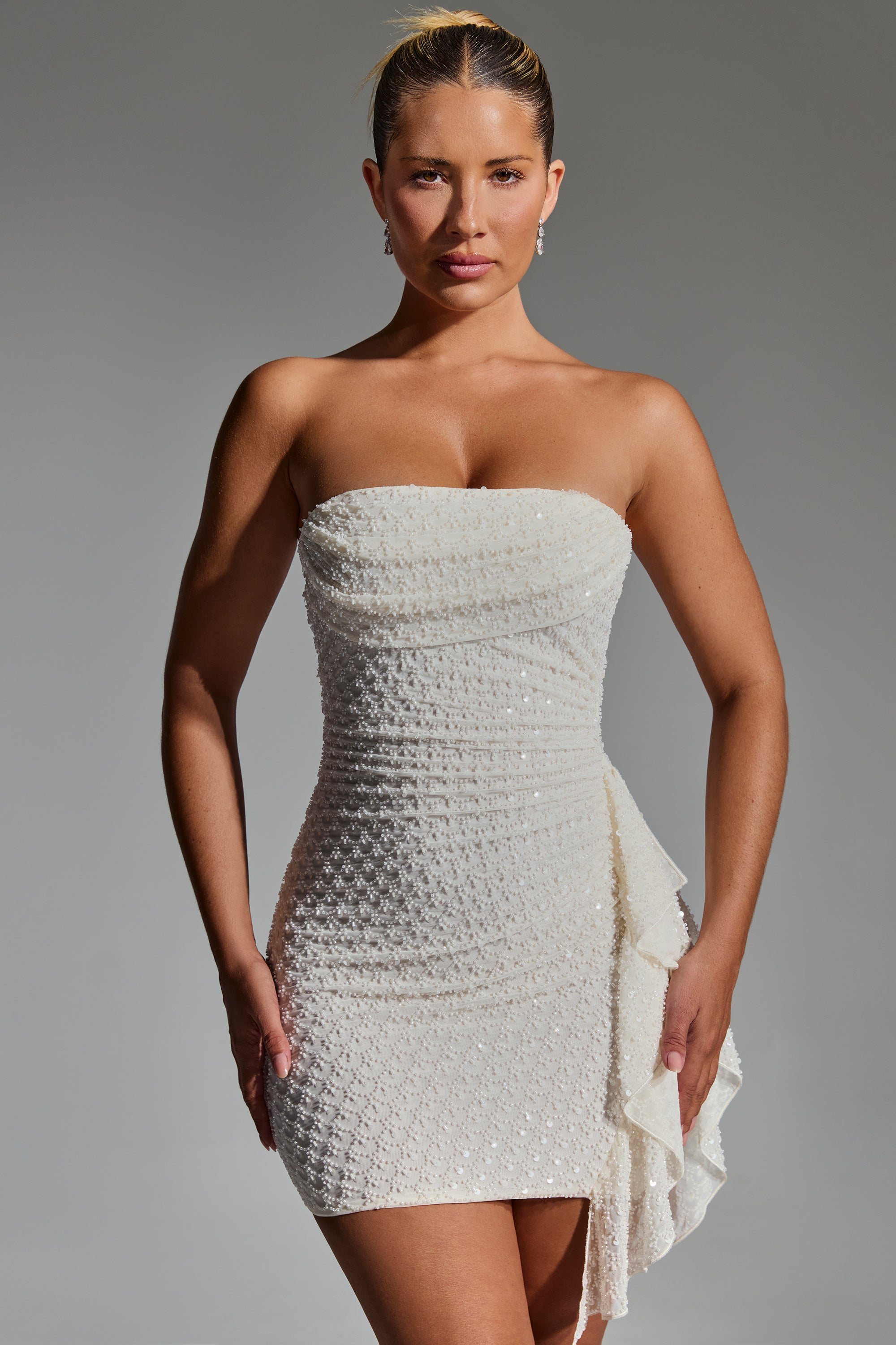 Embellished Ruffled Cowl-Neck Bandeau Mini Dress in White  Gemma Chic