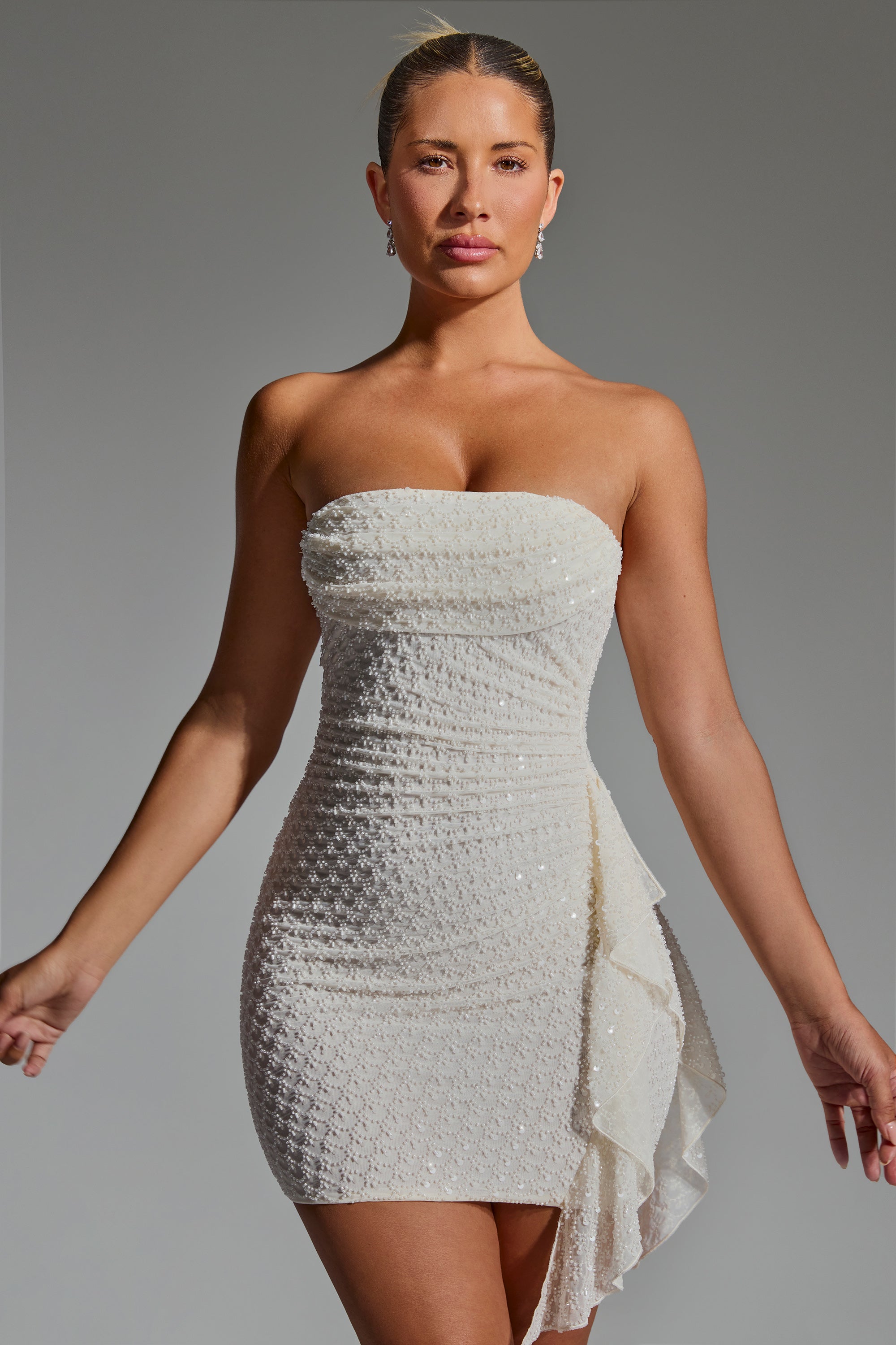 Embellished Ruffled Cowl-Neck Bandeau Mini Dress in White  Gemma Chic