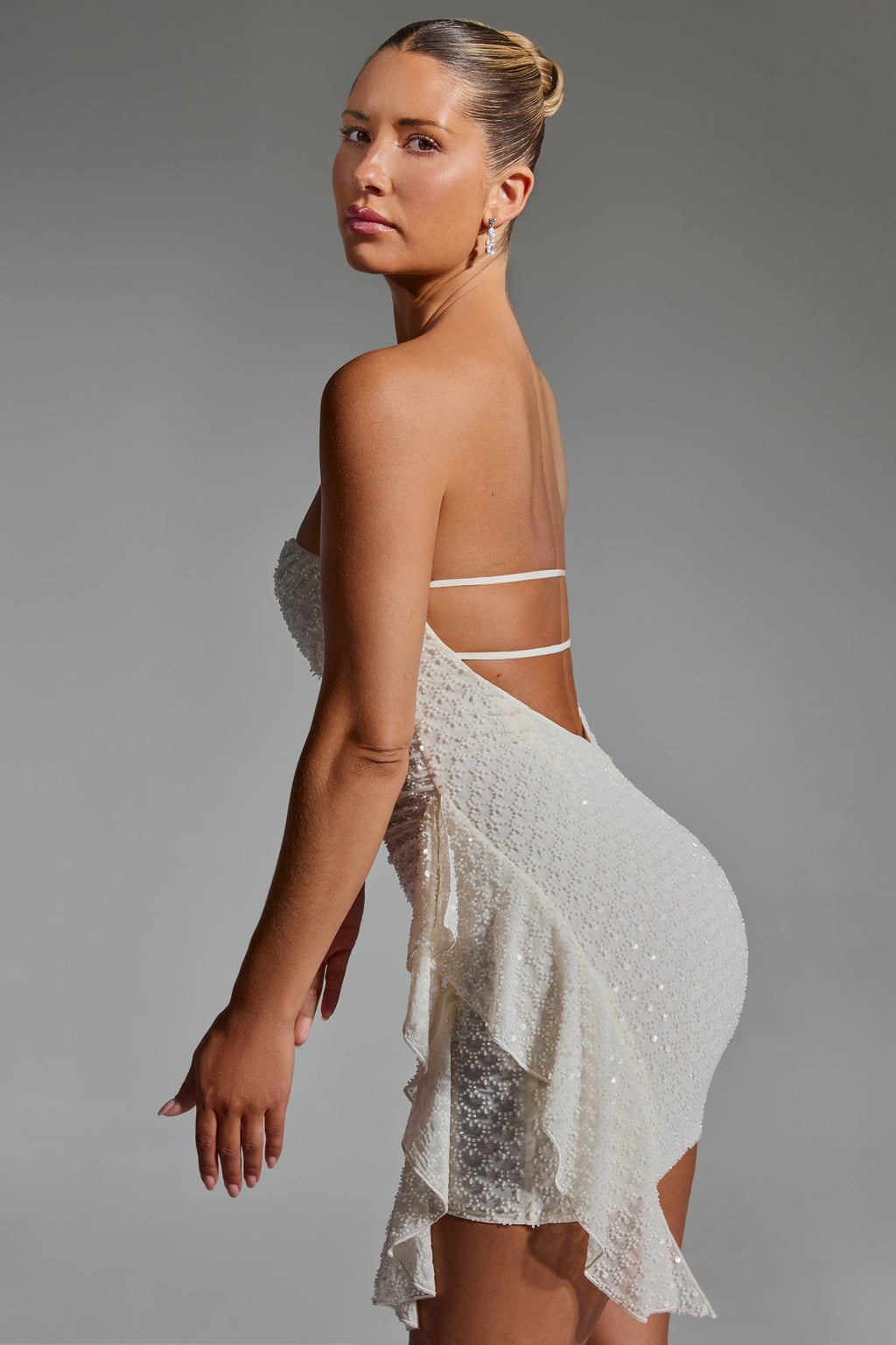 Embellished Ruffled Cowl-Neck Bandeau Mini Dress in White  Gemma Chic