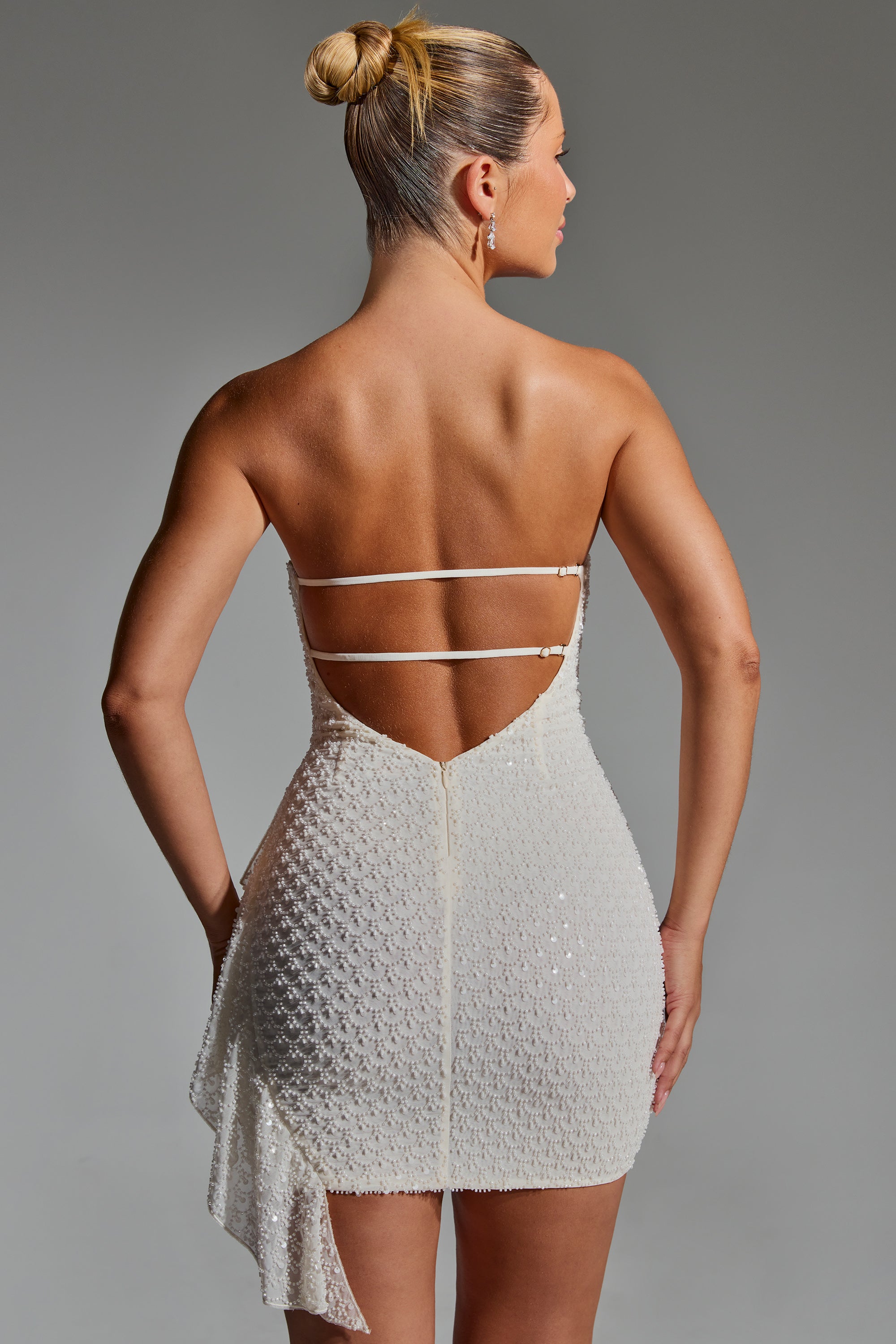 Embellished Ruffled Cowl-Neck Bandeau Mini Dress in White  Gemma Chic