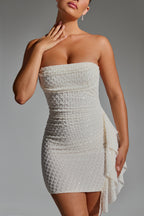 Embellished Ruffled Cowl-Neck Bandeau Mini Dress in White  Gemma Chic