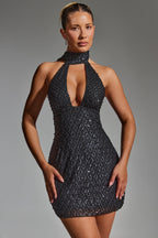 Embellished Scarf-Detail Halterneck Mini Dress in Black  Gemma Chic