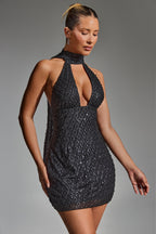 Embellished Scarf-Detail Halterneck Mini Dress in Black  Gemma Chic