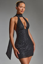 Embellished Scarf-Detail Halterneck Mini Dress in Black  Gemma Chic