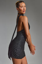 Embellished Scarf-Detail Halterneck Mini Dress in Black  Gemma Chic