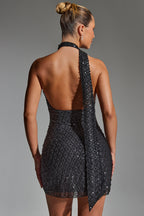 Embellished Scarf-Detail Halterneck Mini Dress in Black  Gemma Chic