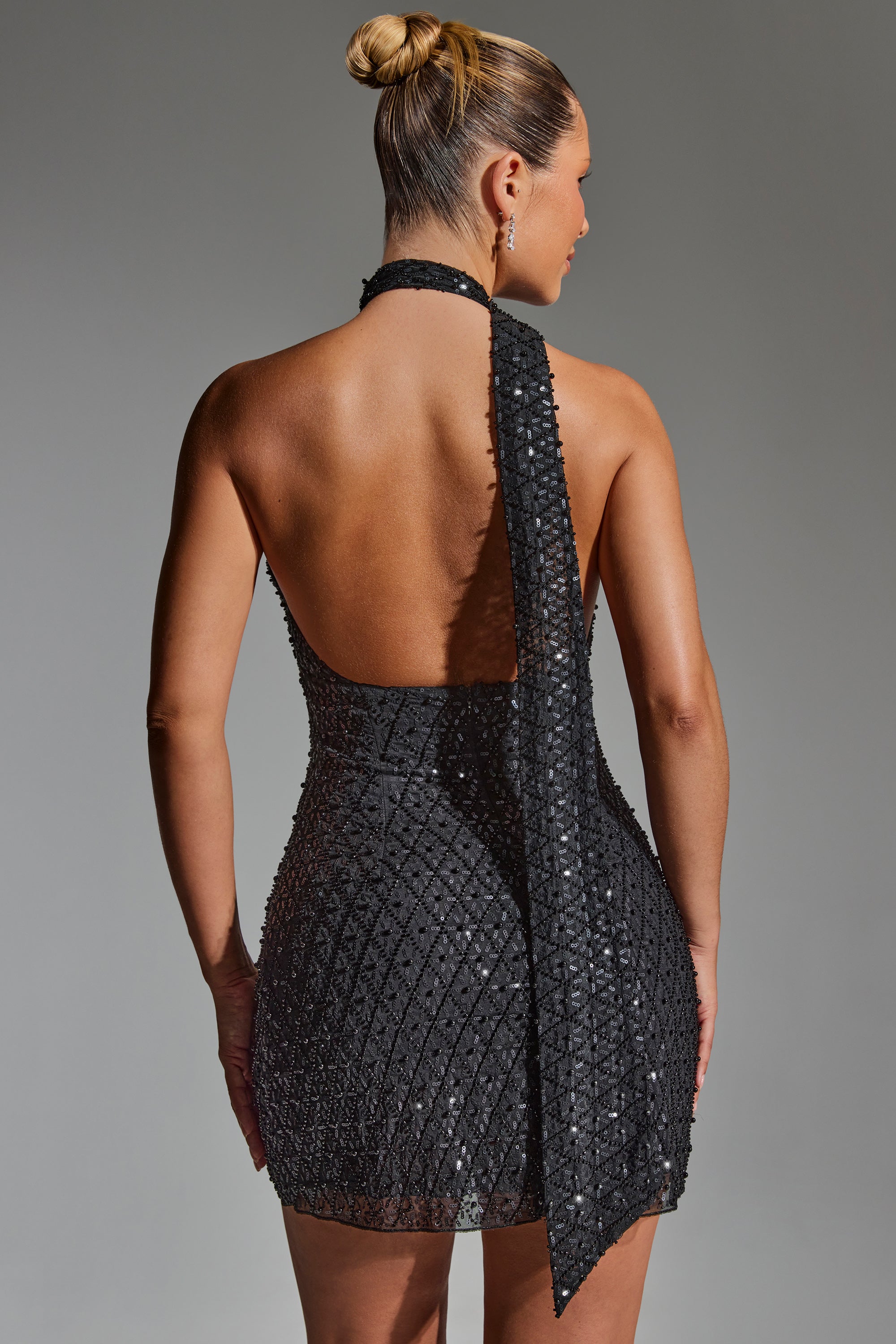 Embellished Scarf-Detail Halterneck Mini Dress in Black  Gemma Chic