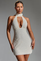 Embellished Scarf-Detail Halterneck Mini Dress in White  Gemma Chic