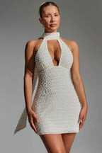 Embellished Scarf-Detail Halterneck Mini Dress in White  Gemma Chic